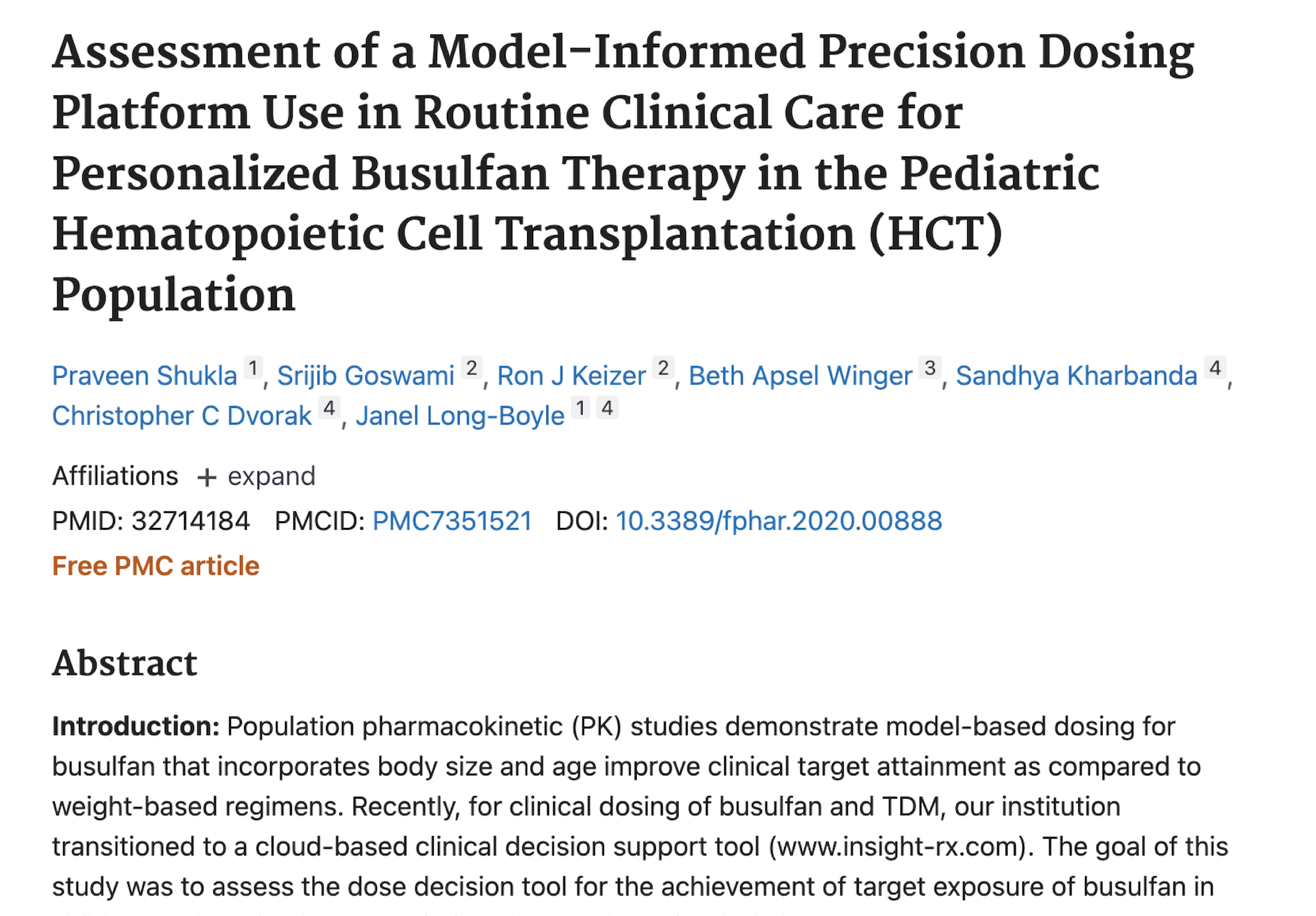 Assessment of a Model-Informed Precision Dosing Platform Use in Routine Clinical Care for Personalized Busulfan Therapy in the Pediatric Hematopoietic Cell Transplantation (HCT) Population