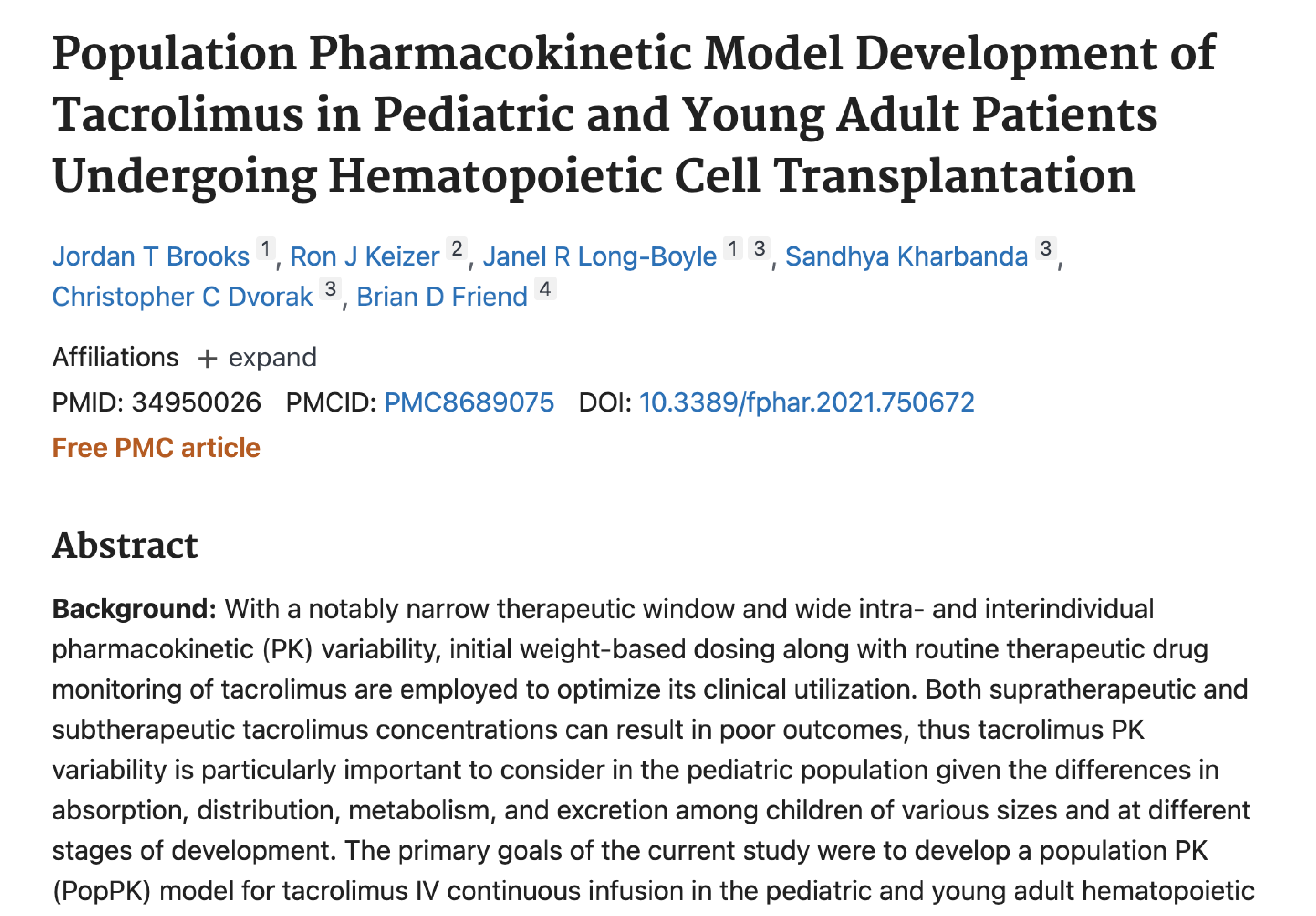 Population Pharmacokinetic Model Development of Tacrolimus in Pediatric and Young Adult Patients Undergoing Hematopoietic Cell Transplantation