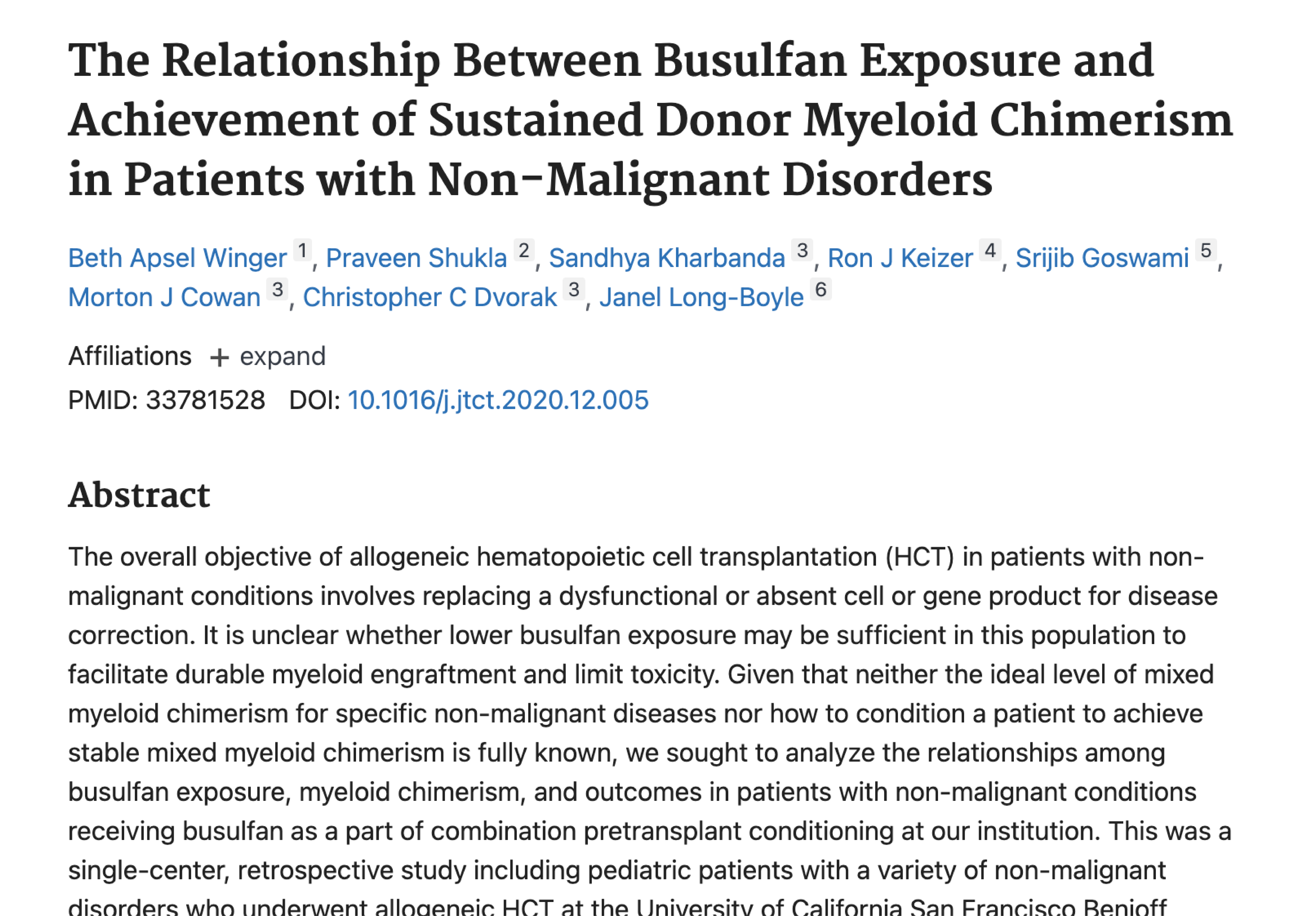 The Relationship Between Busulfan Exposure and Achievement of Sustained Donor Myeloid Chimerism in Patients with Non-Malignant Disorders